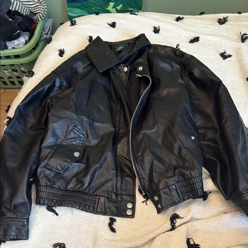 Black Leather Bomber Jacket with Zipper Closure